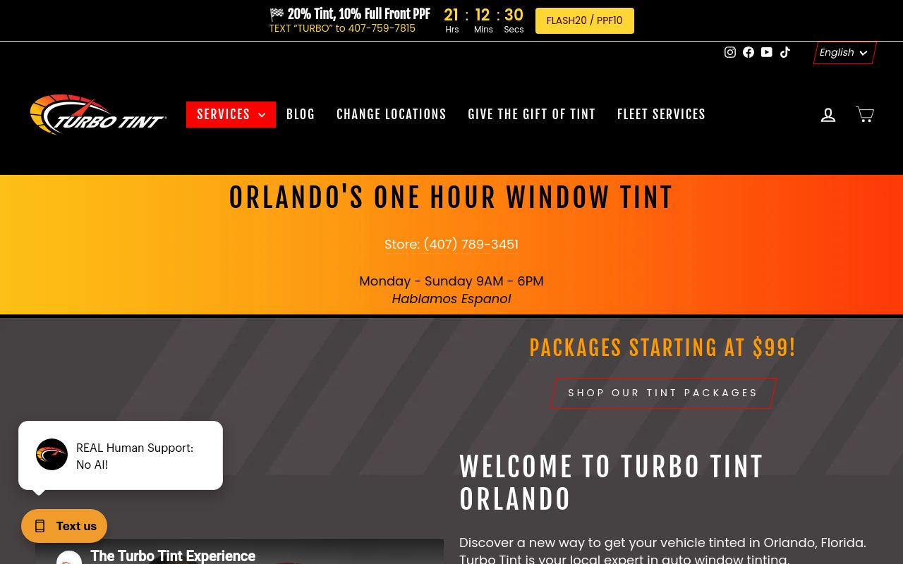 Homepage of Turbo Tint's website