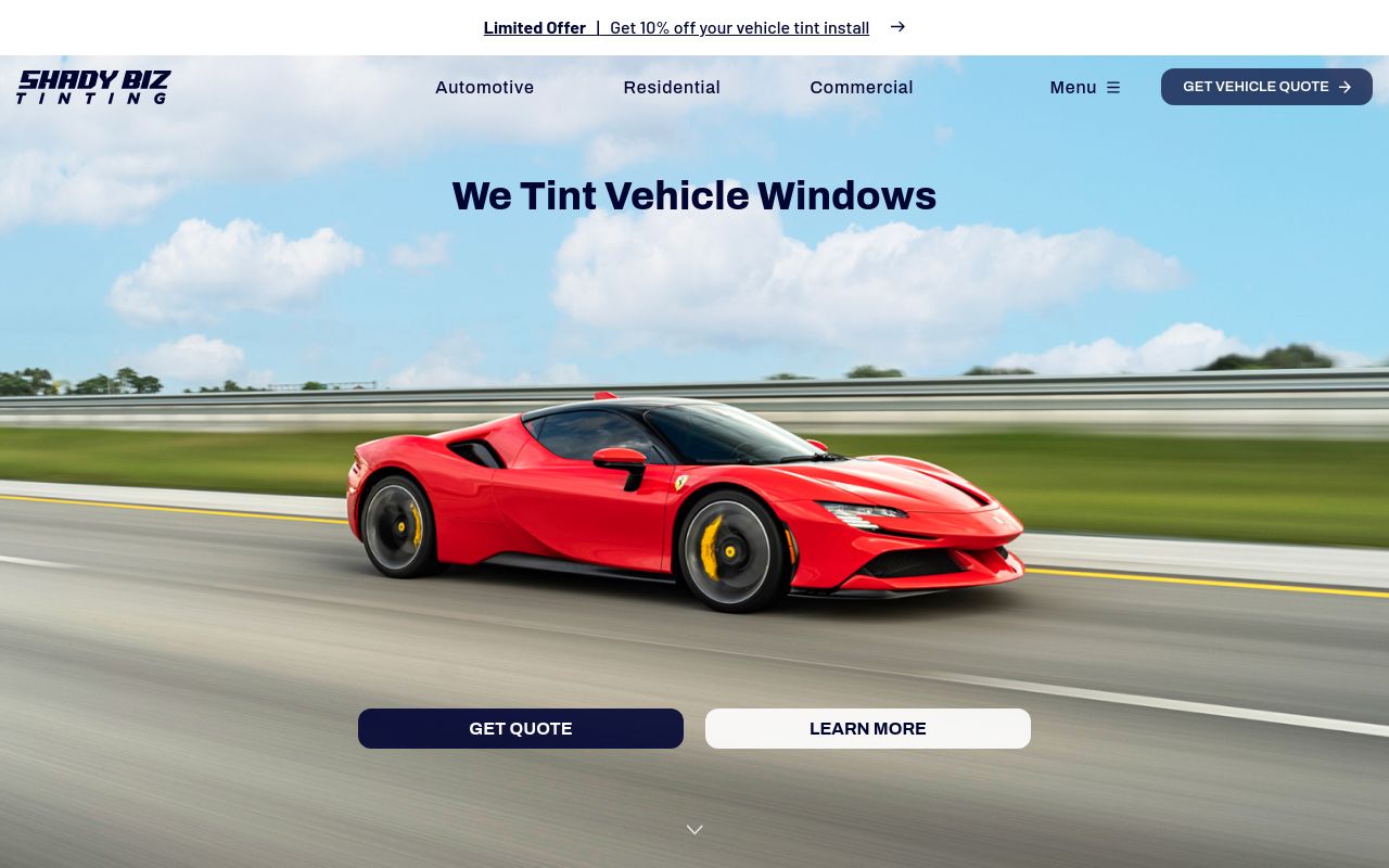 Homepage of Shady Biz Tinting's website