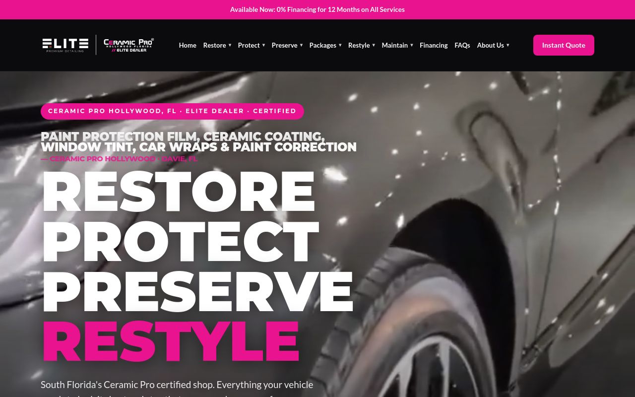 Homepage of Elite Ceramic Pro Hollywood FL - PPF - Paint Protection Film - Clear Bra, Ceramic Coating, Vinyl Wrap & Colored PPF's website