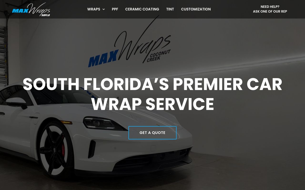 Homepage of Max Wraps - Xpel PPF, Ceramic, & Tint's website