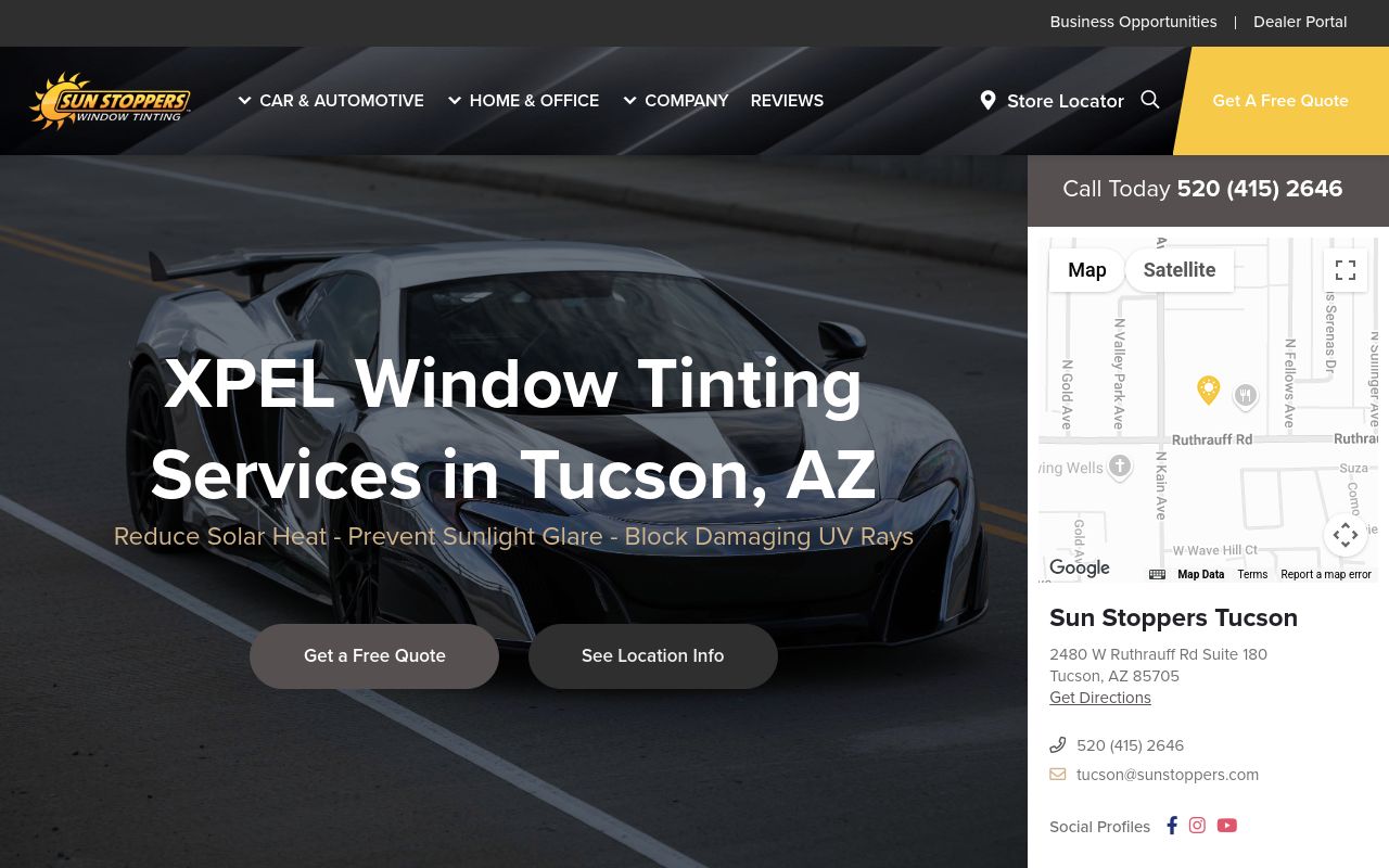 Homepage of Sun Stoppers Tucson Window Tinting | Paint Protection Film (PPF) | Ceramic Coating | Home and Office's website