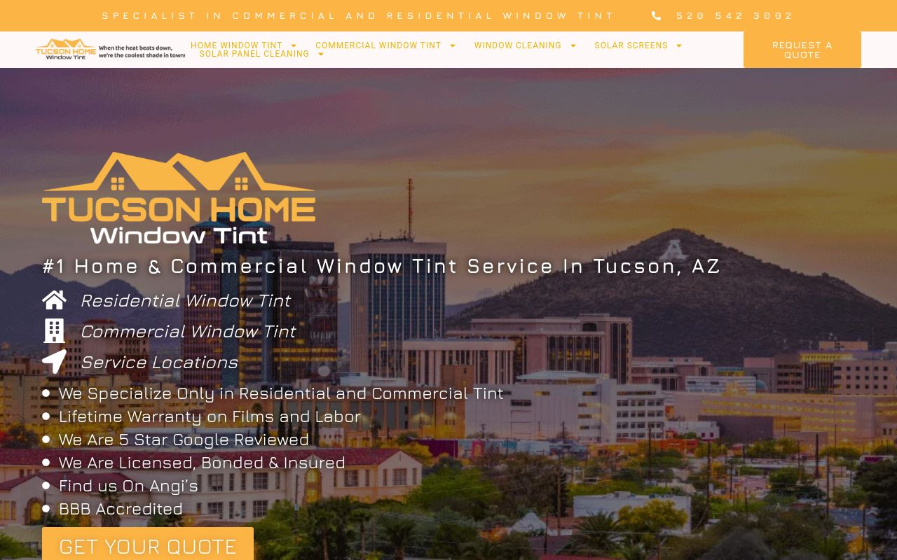 Homepage of Tucson Home Window Tint's website