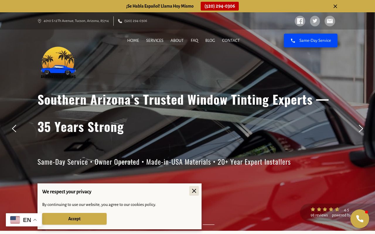 Homepage of Arizona Palms Tinting's website