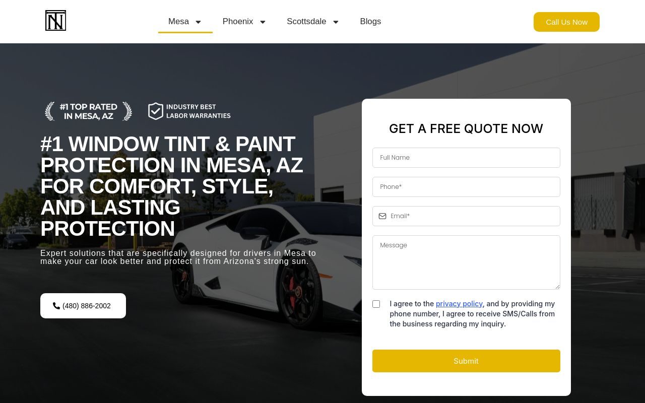 Homepage of Top Notch Tint AZ's website