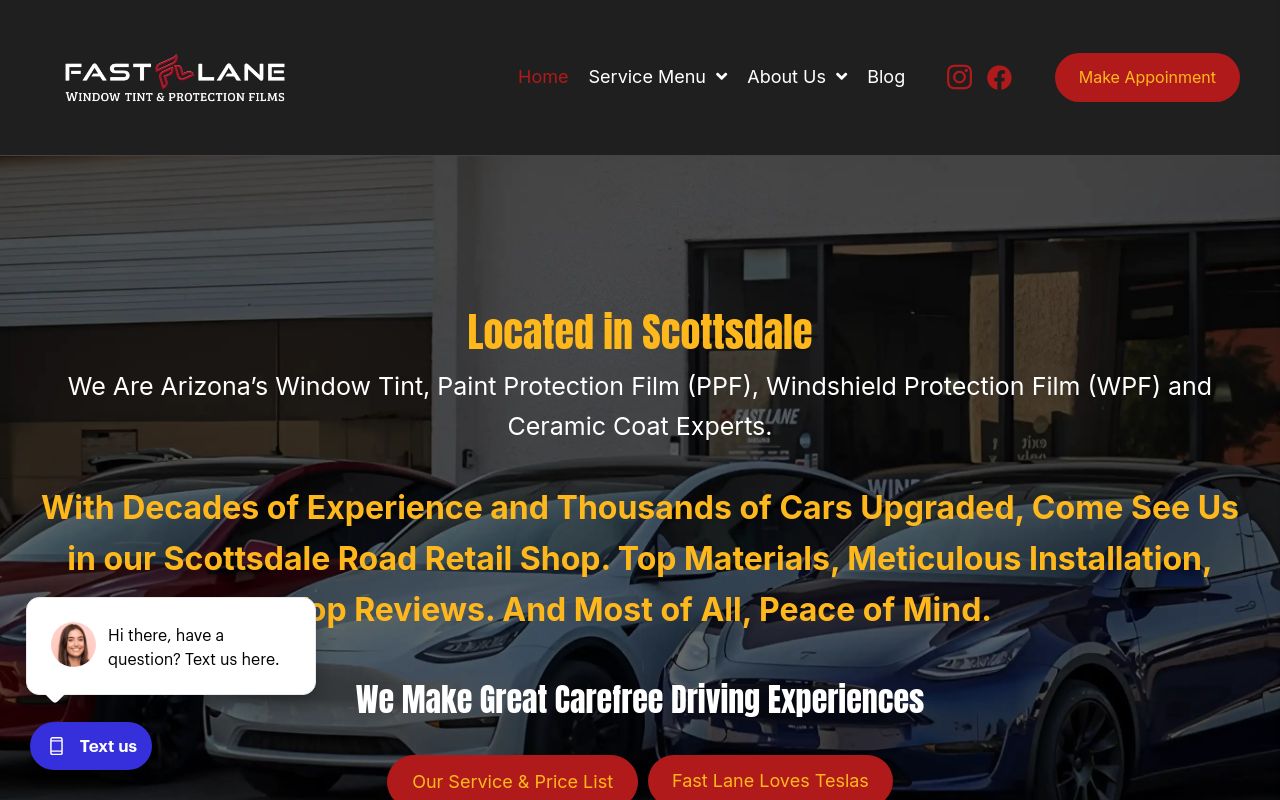 Homepage of Fast Lane Window Tinting's website