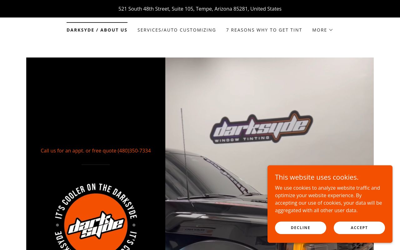 Homepage of Darksyde Window Tinting, Paint Protection Film, Vinyl Wraps & More's website