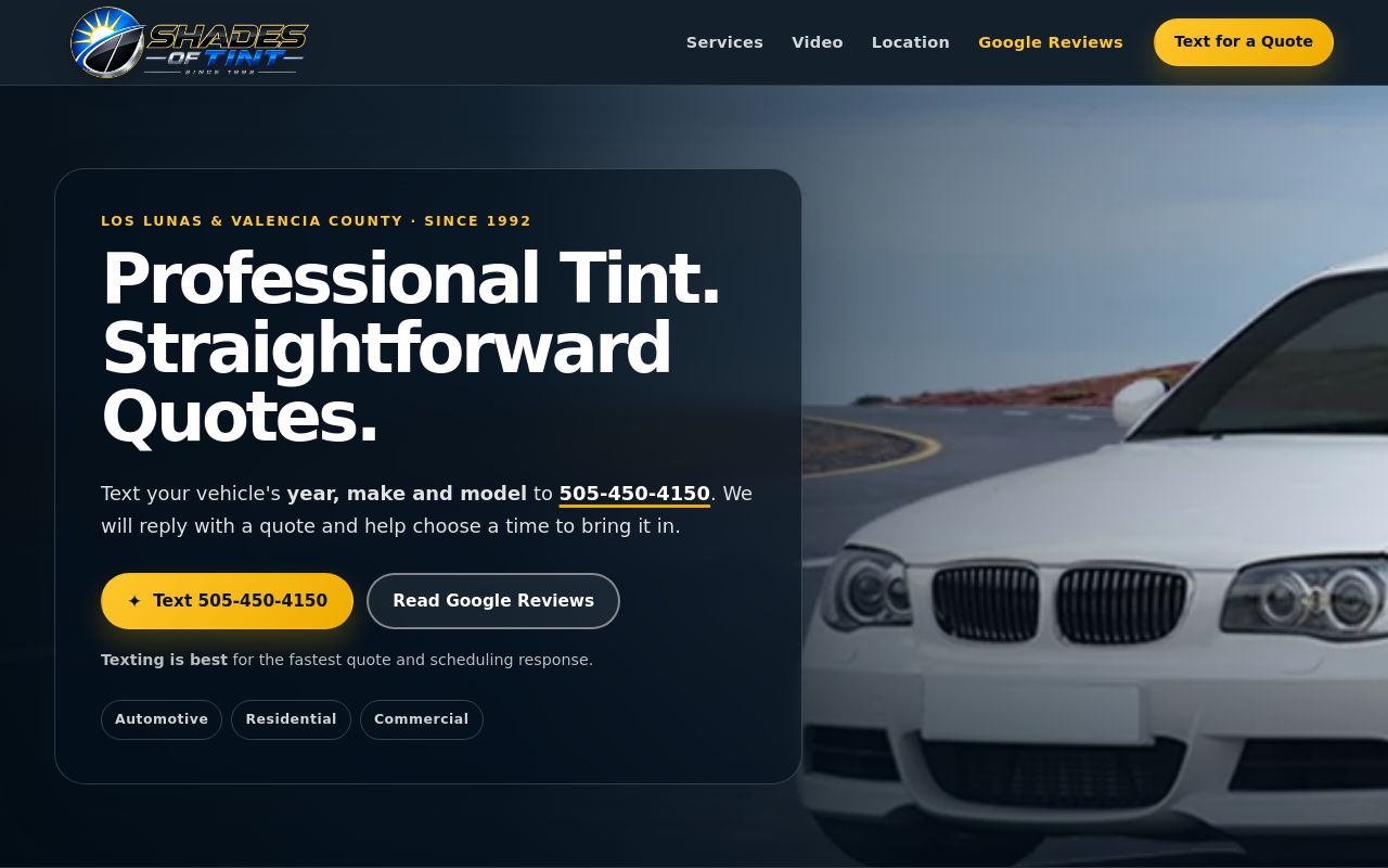 Homepage of Shades Of Tint's website
