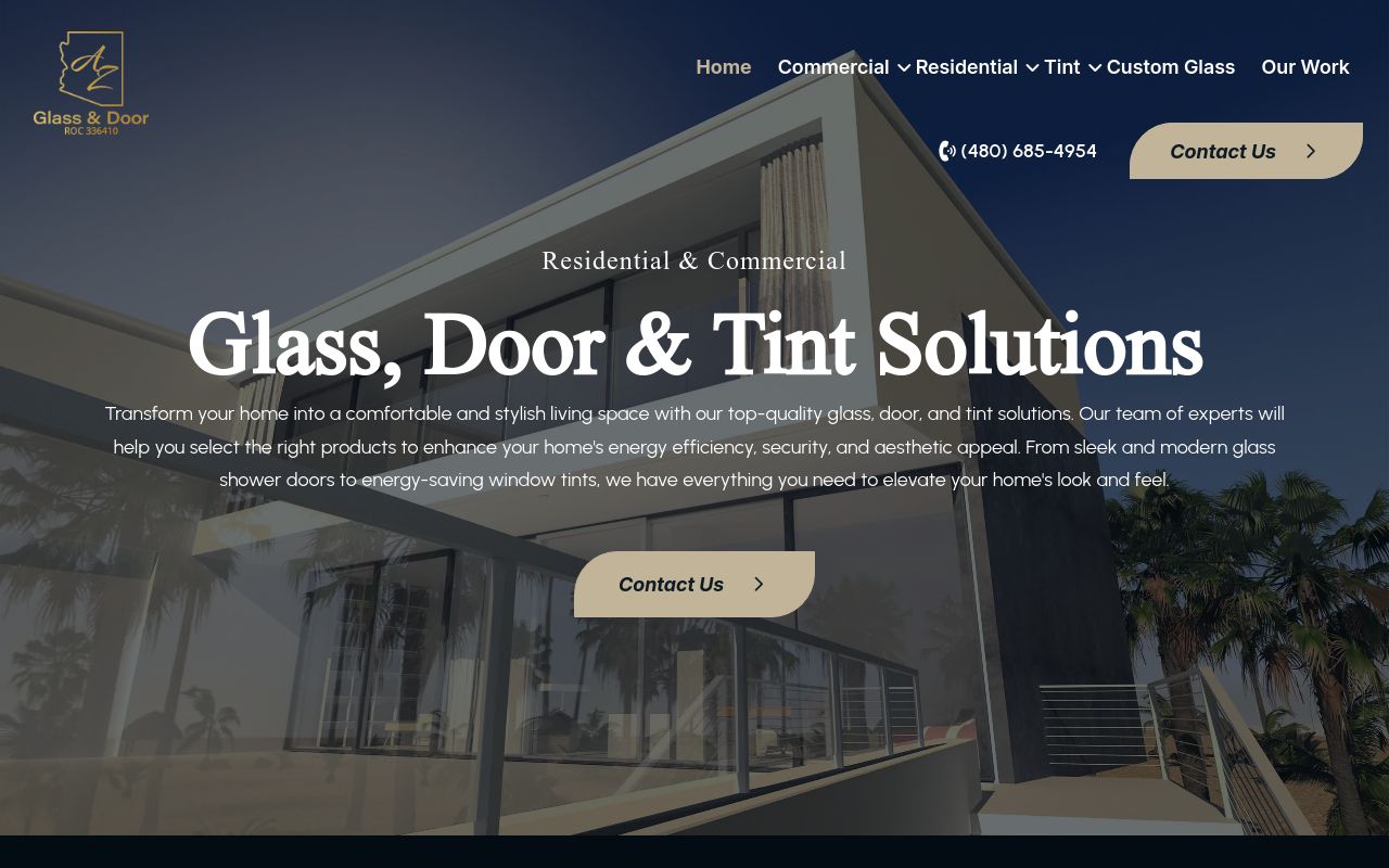 Homepage of Arizona Glass & Door's website