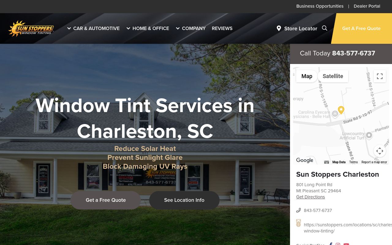 Homepage of Sun Stoppers Charleston's website