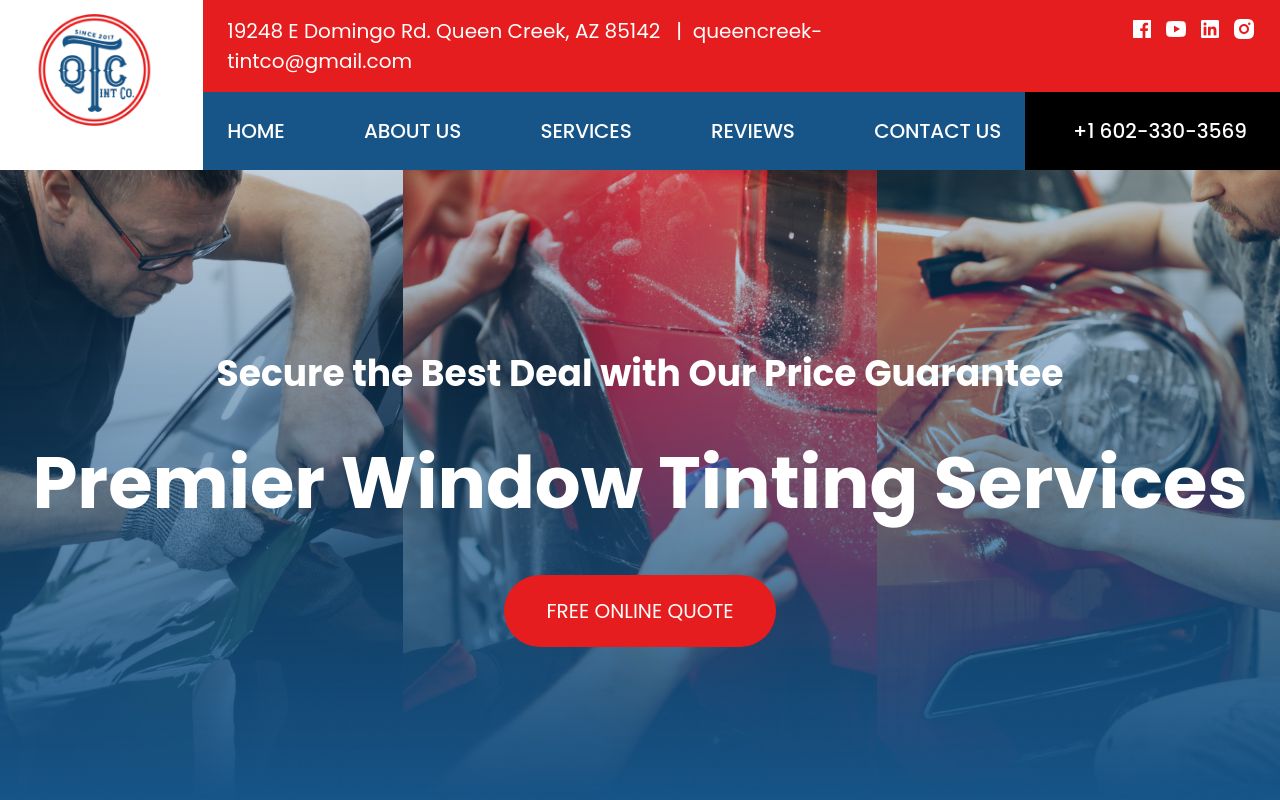 Homepage of Queen Creek Tint Co.'s website