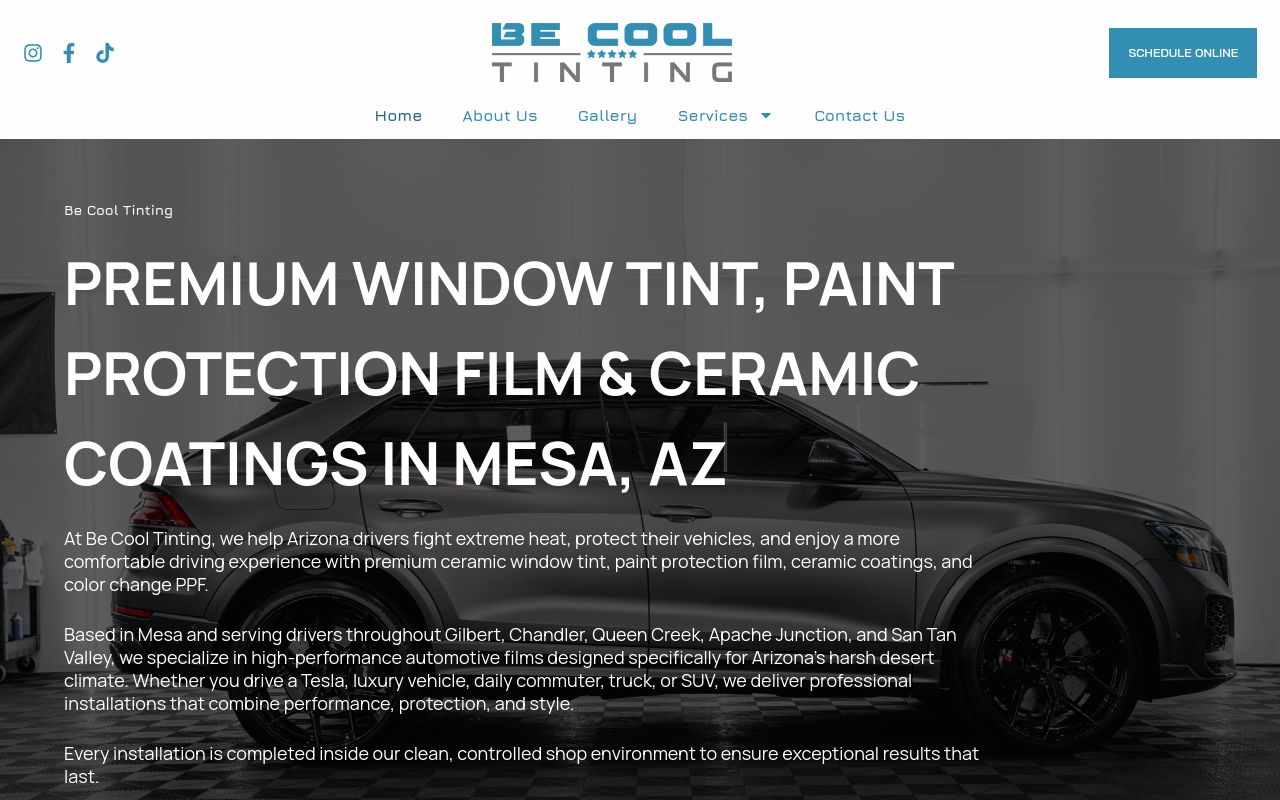 Homepage of Be Cool Window Tinting's website