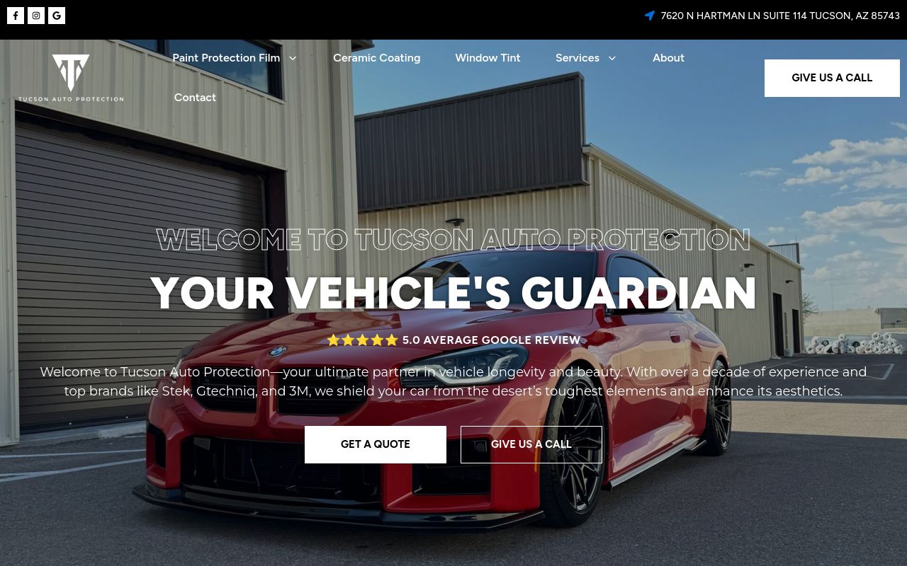 Homepage of Tucson Auto Protection PPF & Tint's website