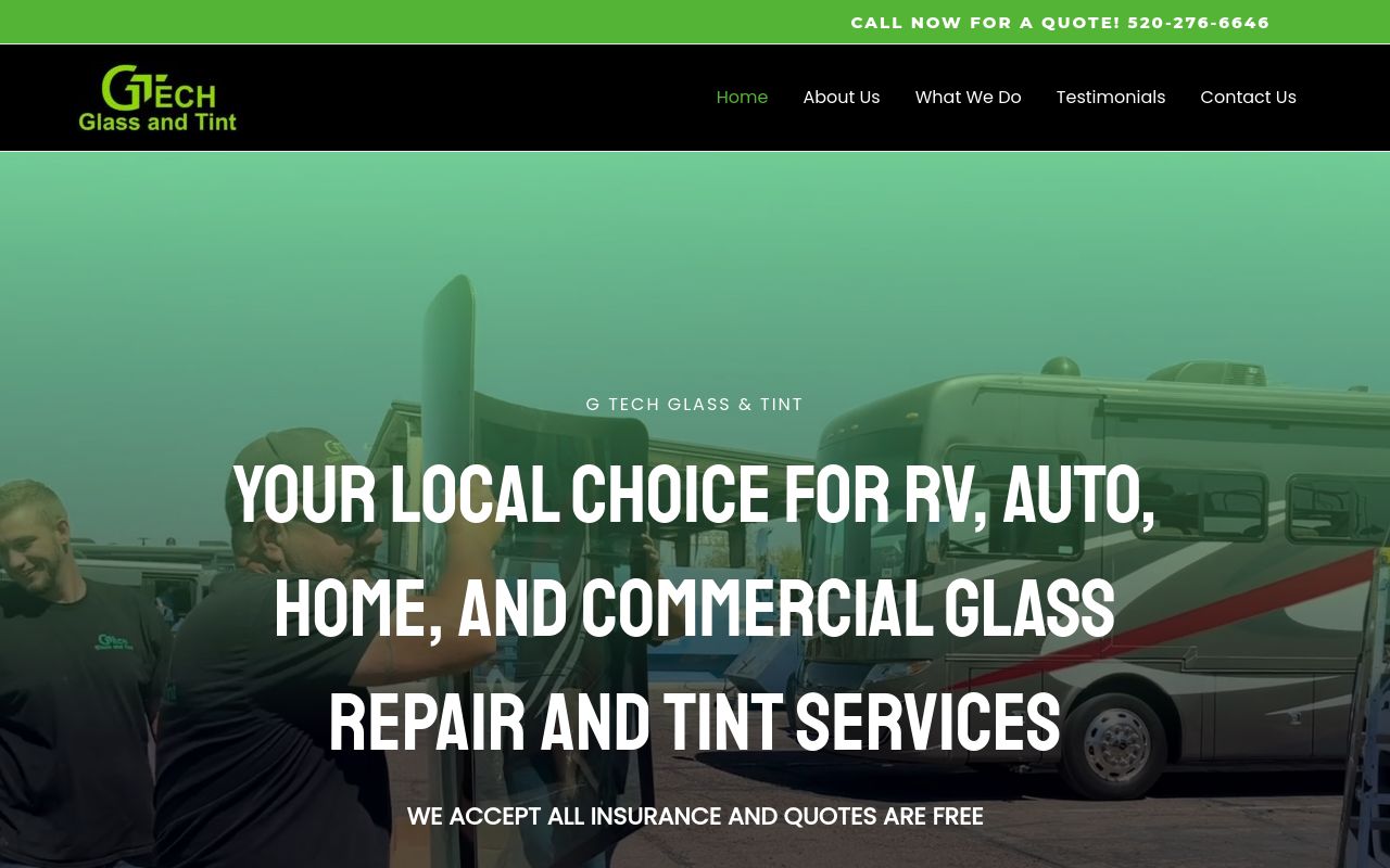 Homepage of G Tech Glass and Tint's website