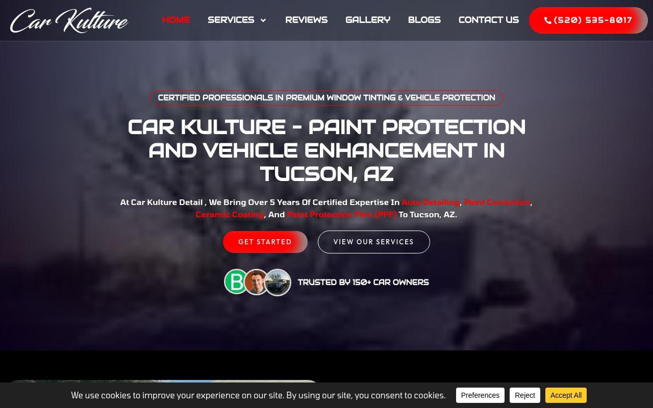 Homepage of Car Kulture - Window Tinting, Paint Protection Film & Ceramic Coatings's website