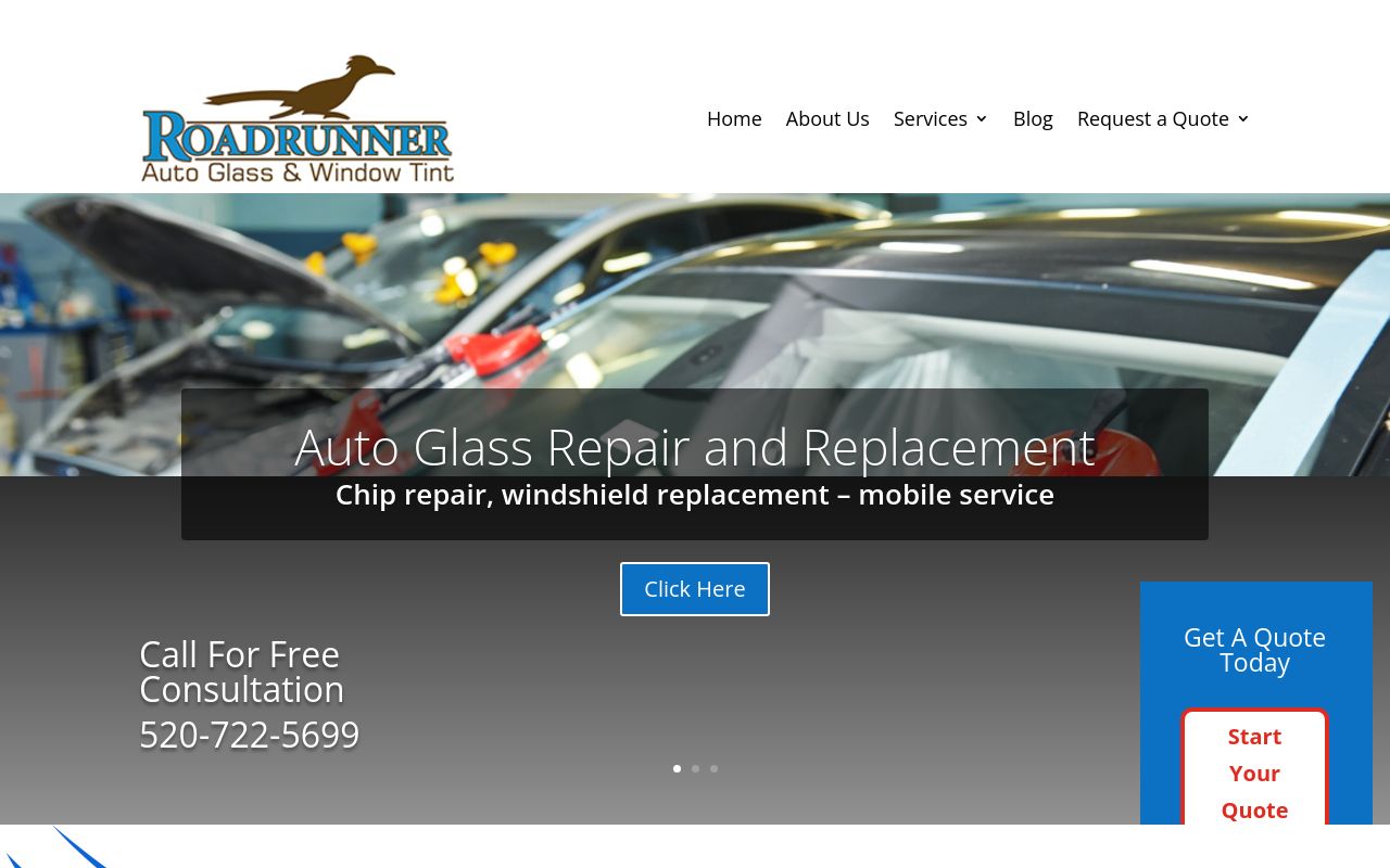 Homepage of Roadrunner Auto Glass Inc's website