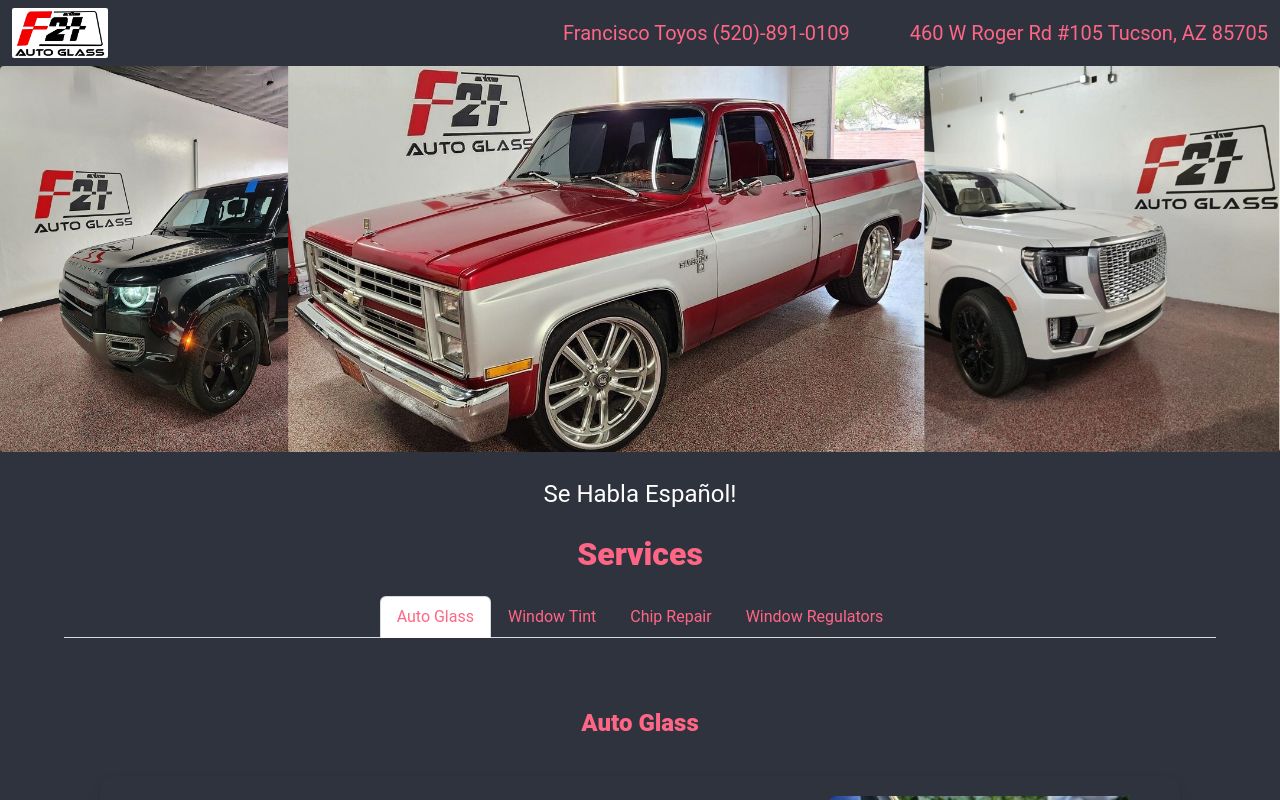 Homepage of Formula 21 Auto Glass's website