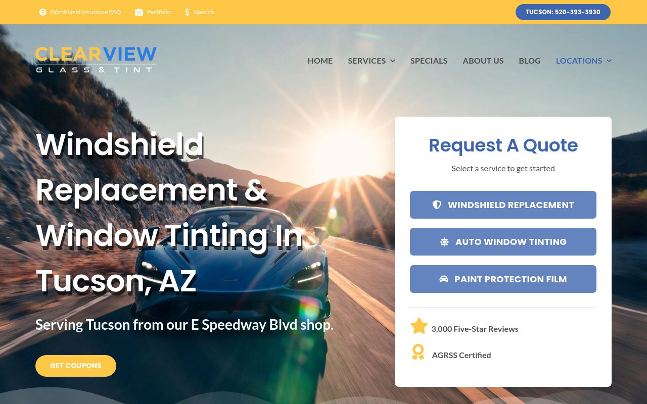 Homepage of Clear View Glass & Tint's website