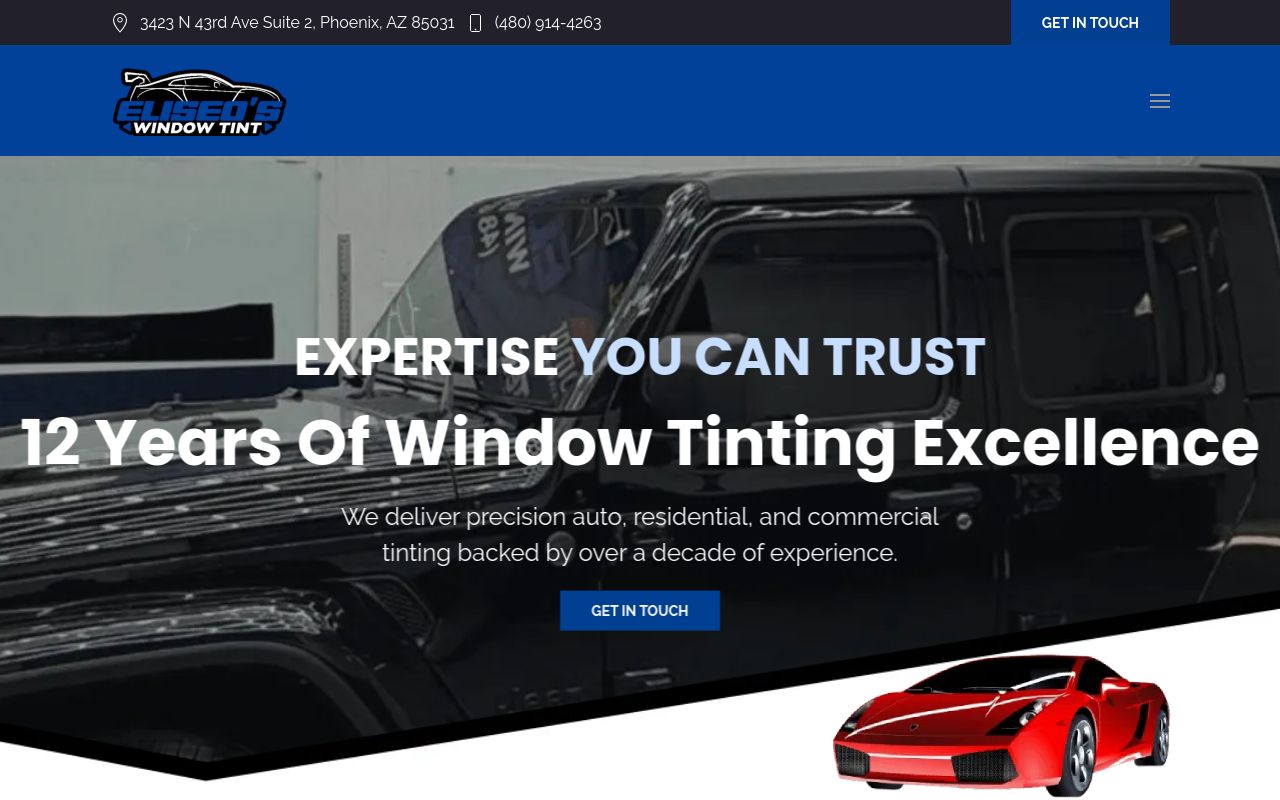 Homepage of Eliseo's Window Tint's website