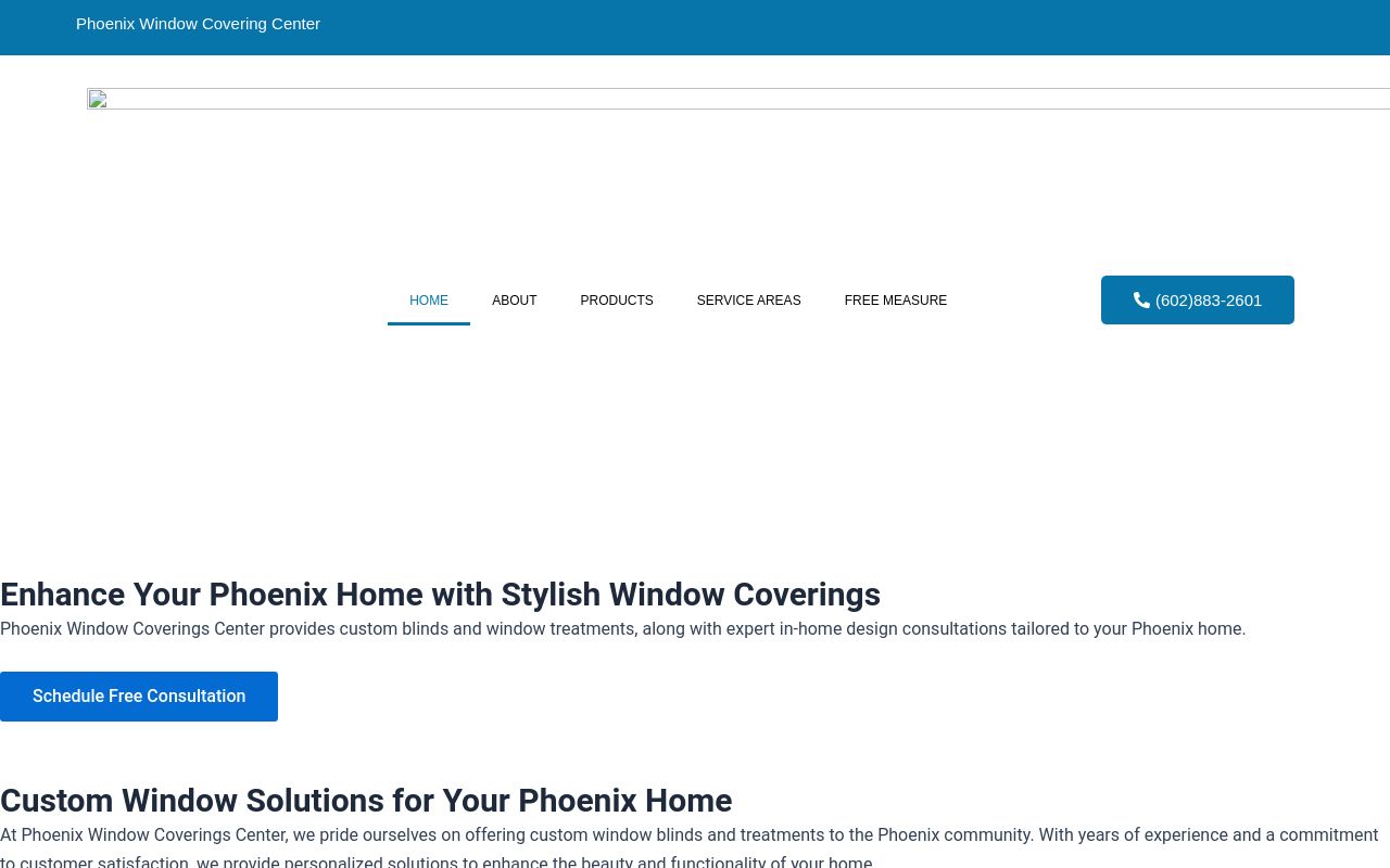 Homepage of Phoenix Window Coverings Center's website
