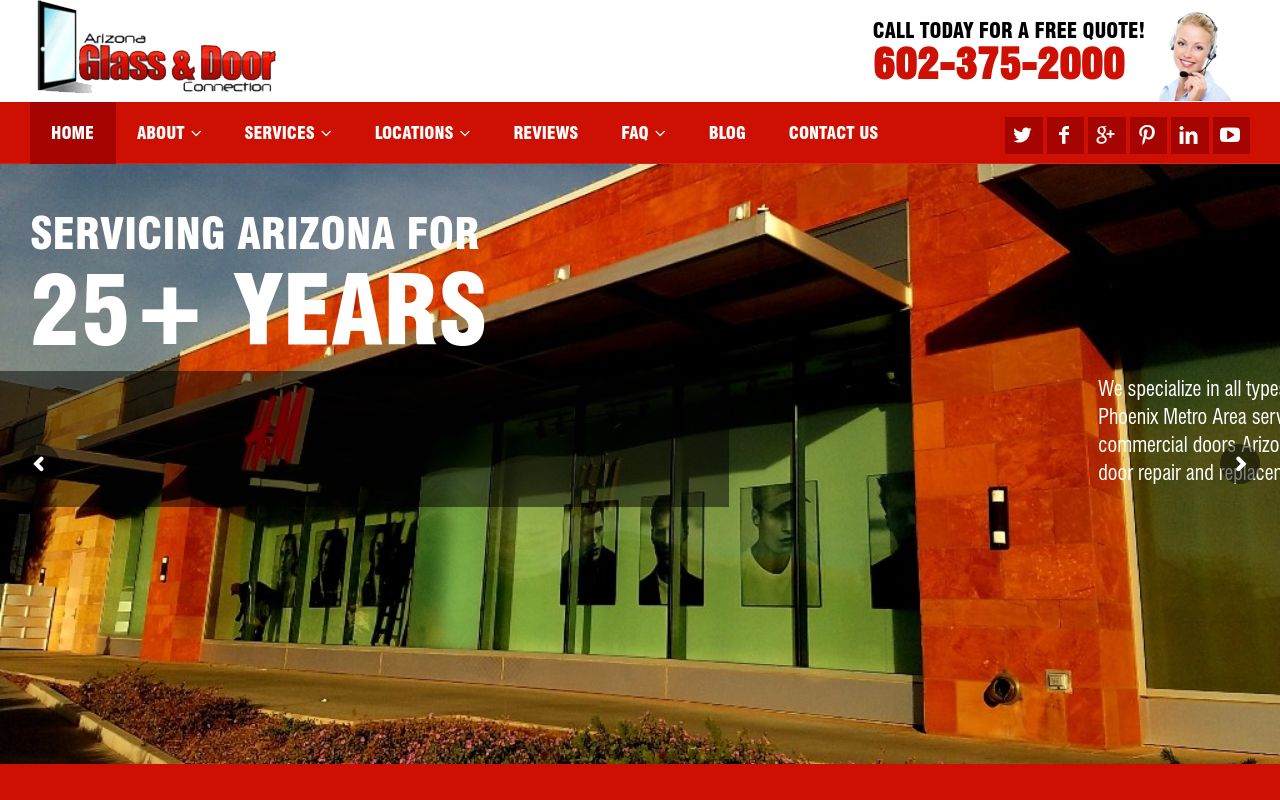 Homepage of Arizona Glass & Door Connection's website