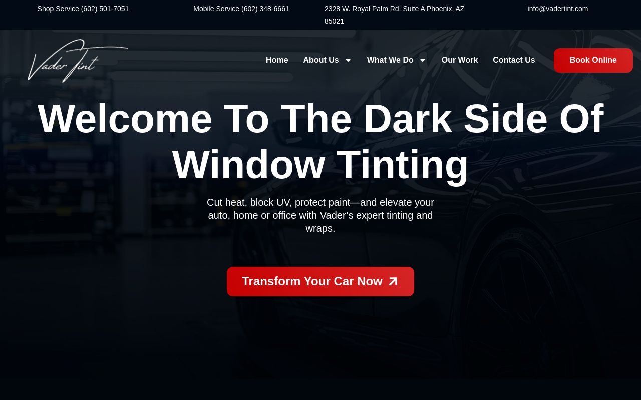 Homepage of Vader Window Tinting's website