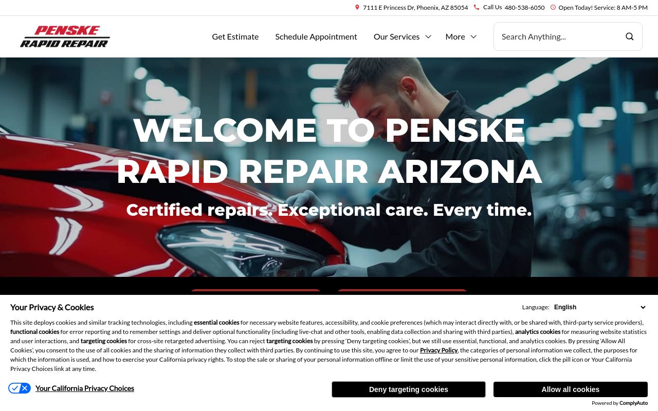 Homepage of Penske Rapid Repair Arizona's website