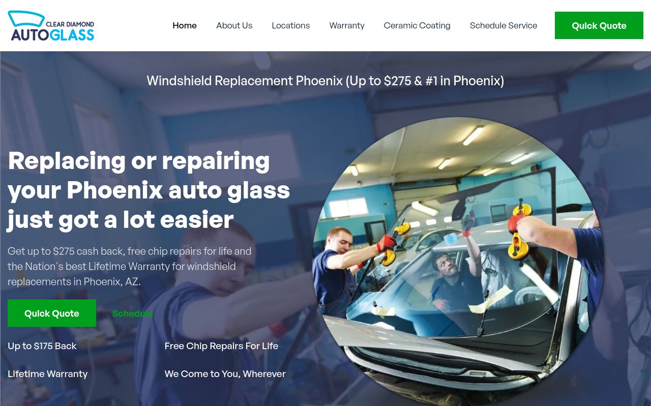 Homepage of Clear Diamond Auto Glass's website