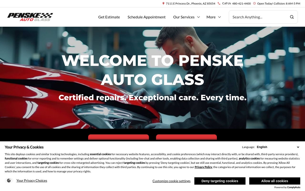 Homepage of Penske Auto Glass's website