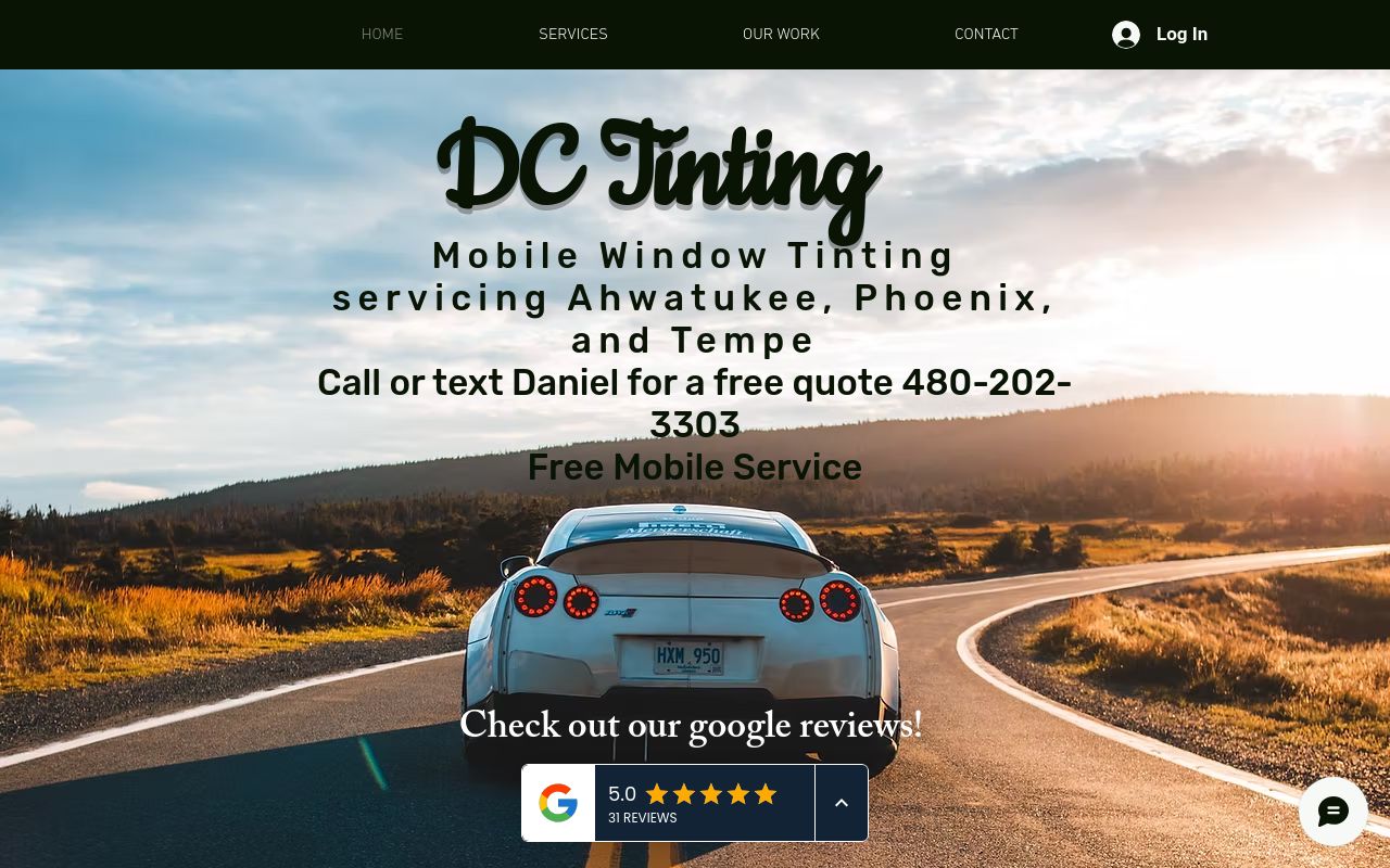 Homepage of DC Tinting's website