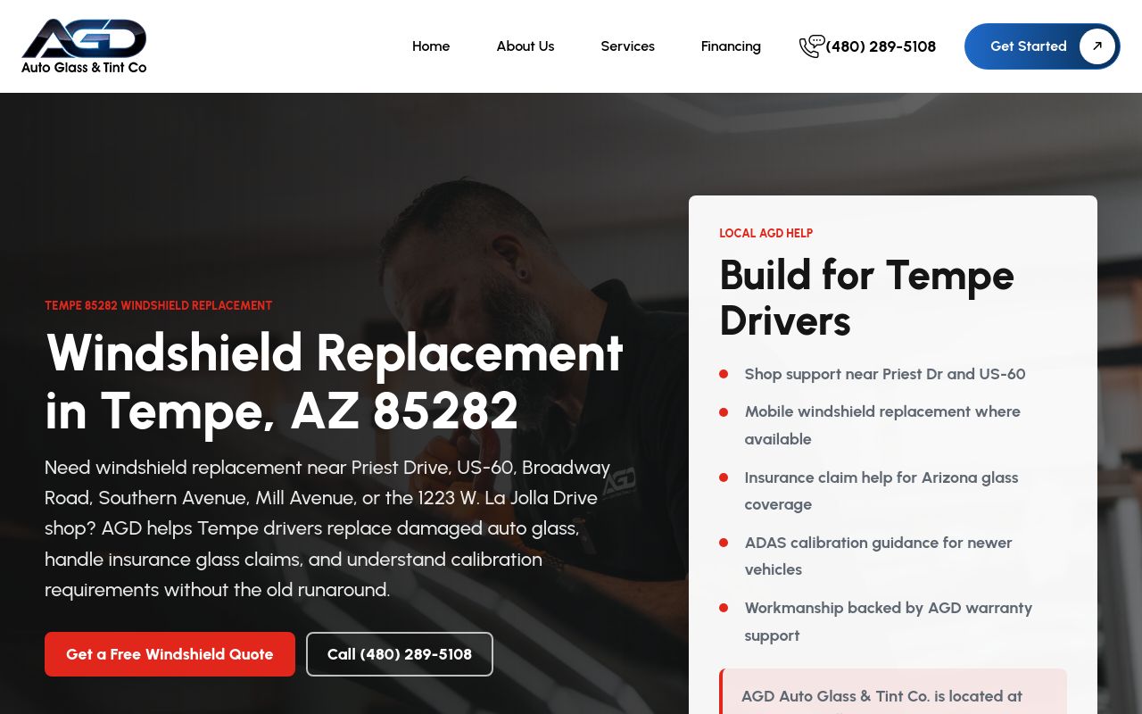 Homepage of AGD Auto Glass Direct & Tint Co.'s website
