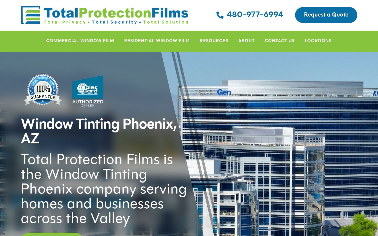Homepage of Total Protection Films - Commercial & Home Window Tinting's website