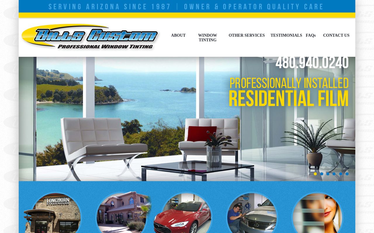 Homepage of Bills custom window tinting's website