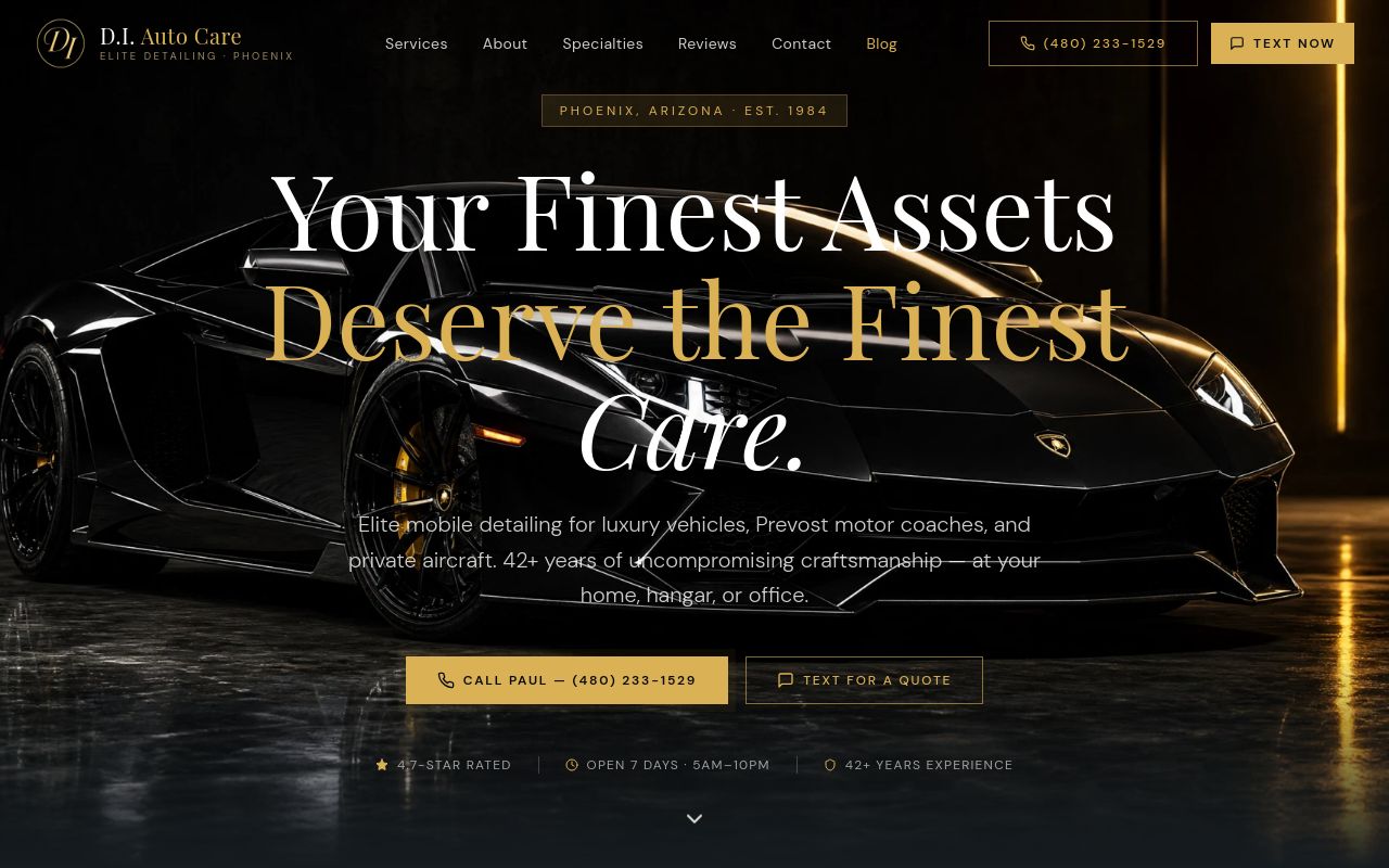 Homepage of D.I. Auto Care's website