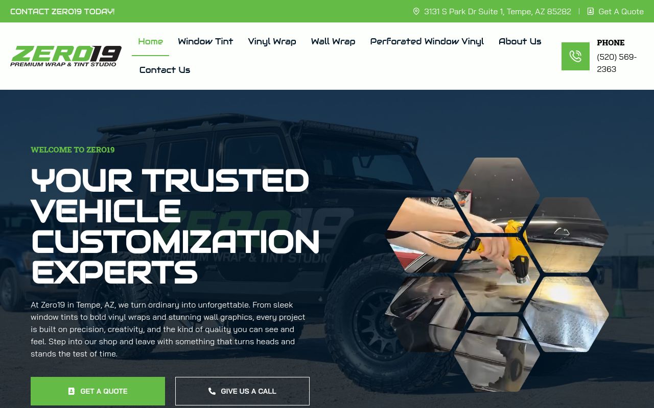 Homepage of HM Designs | Vehicle Wraps, Window Tint, Signs & Printing in Tempe, AZ's website