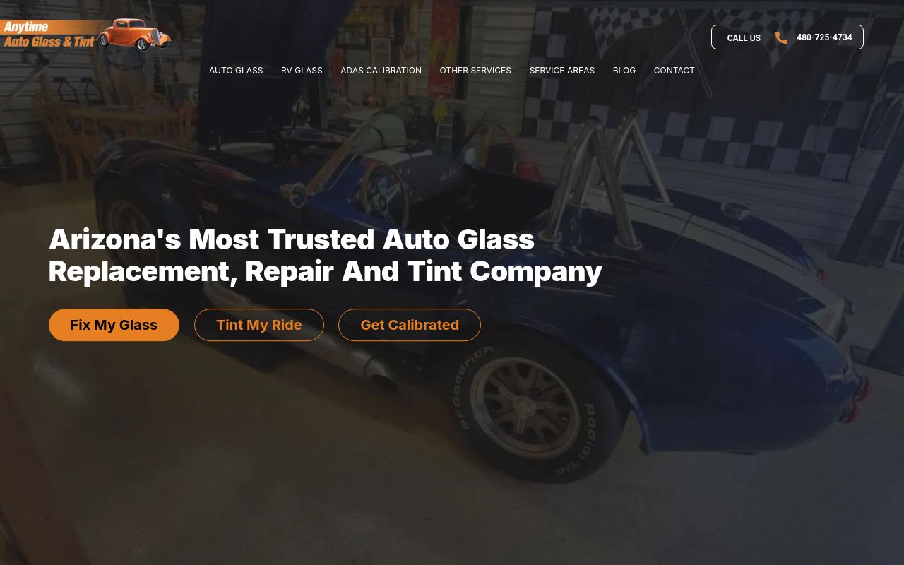 Homepage of Anytime Auto Glass's website