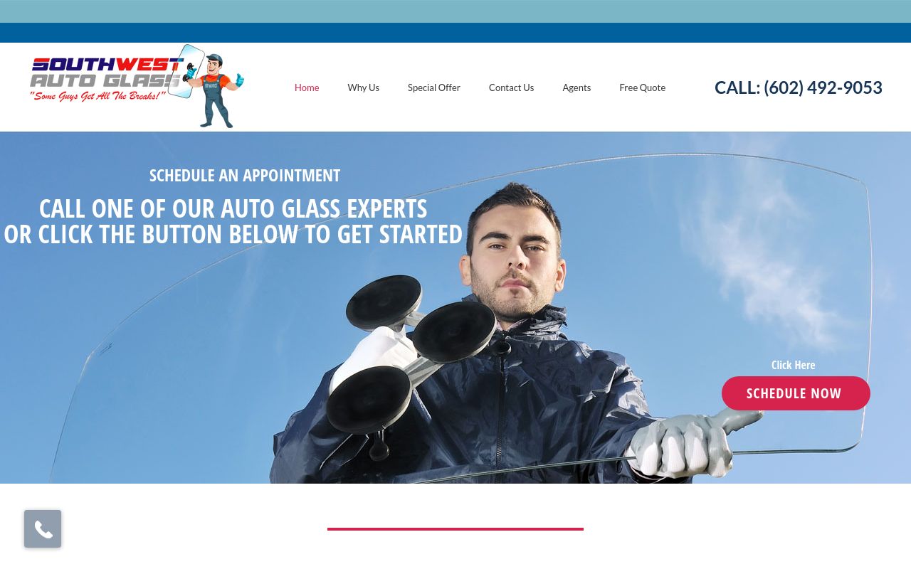Homepage of Southwest Auto Glass's website