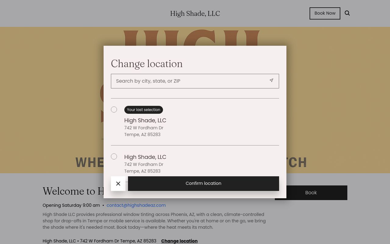 Homepage of High Shade, LLC's website