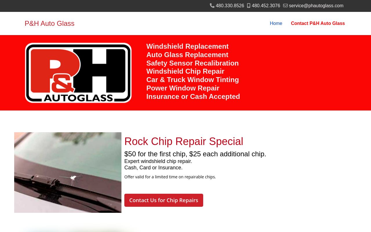 Homepage of P & H Auto Glass and Recalibration LLC's website
