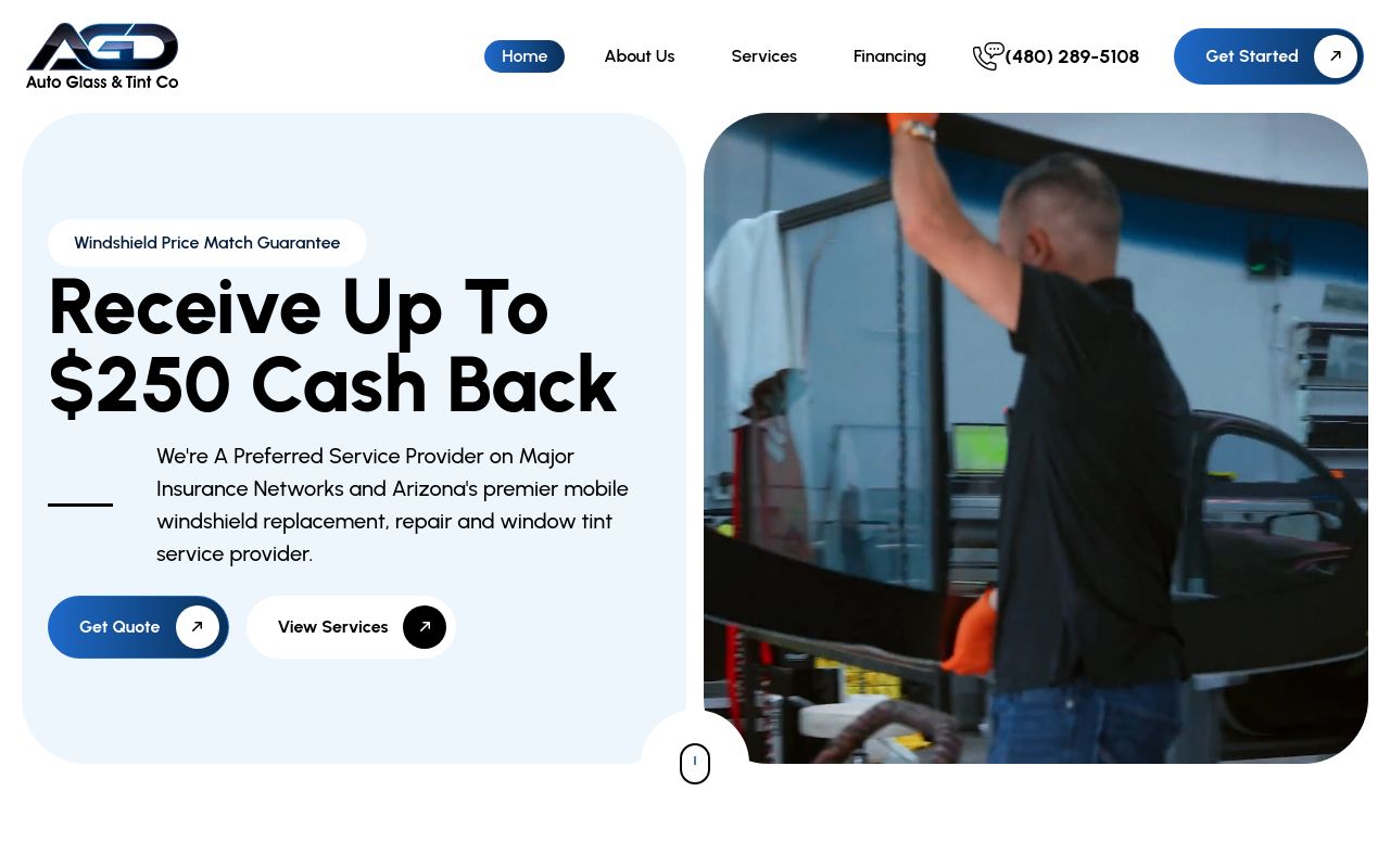 Homepage of AGD Auto Glass & Tint Co's website