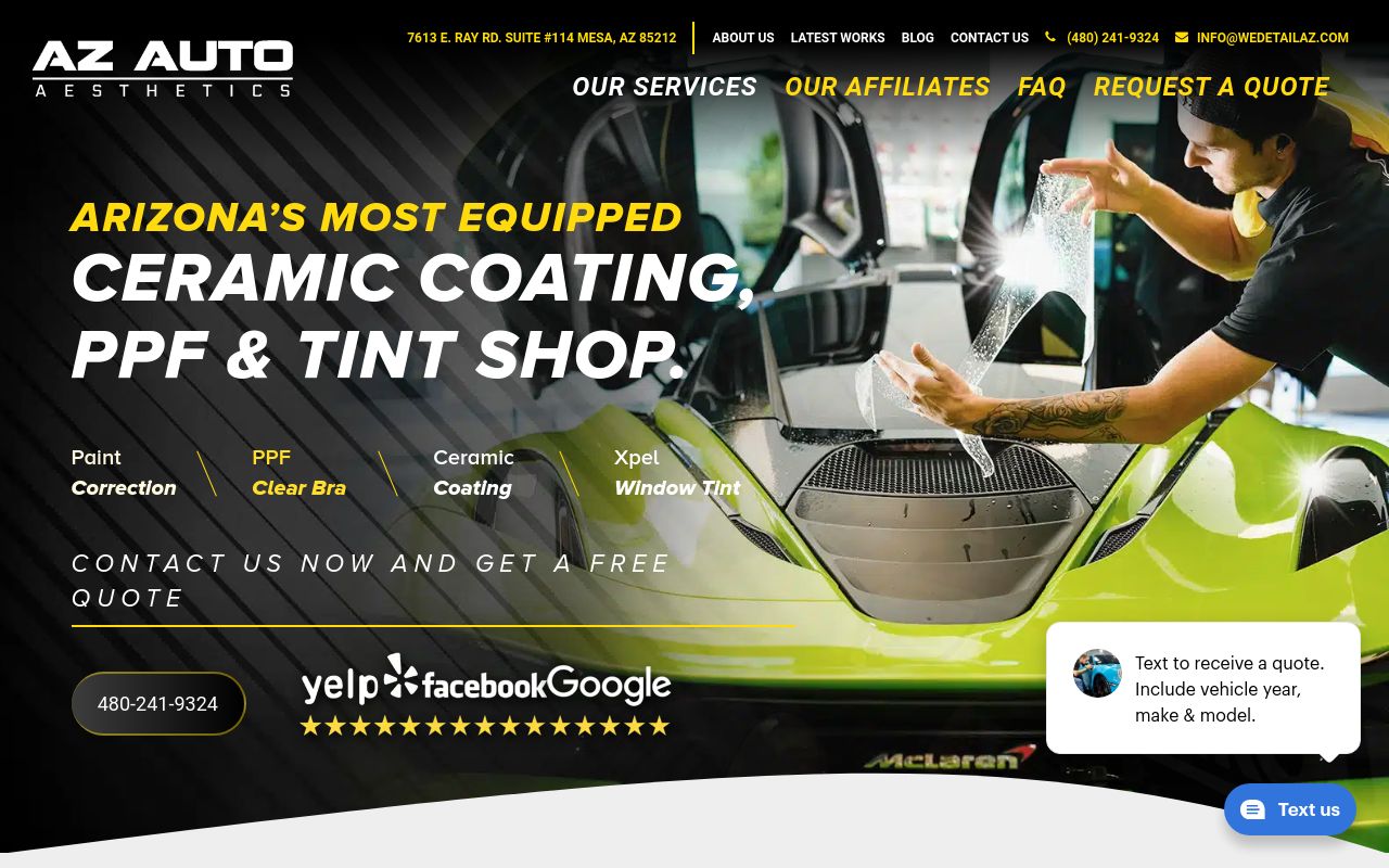 Homepage of AZ Auto Aesthetics's website