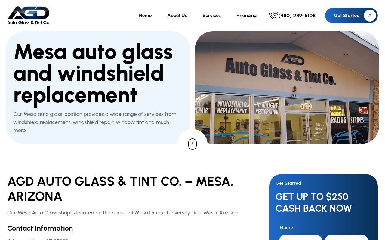 Homepage of AGD Auto Glass & Tint Co.'s website