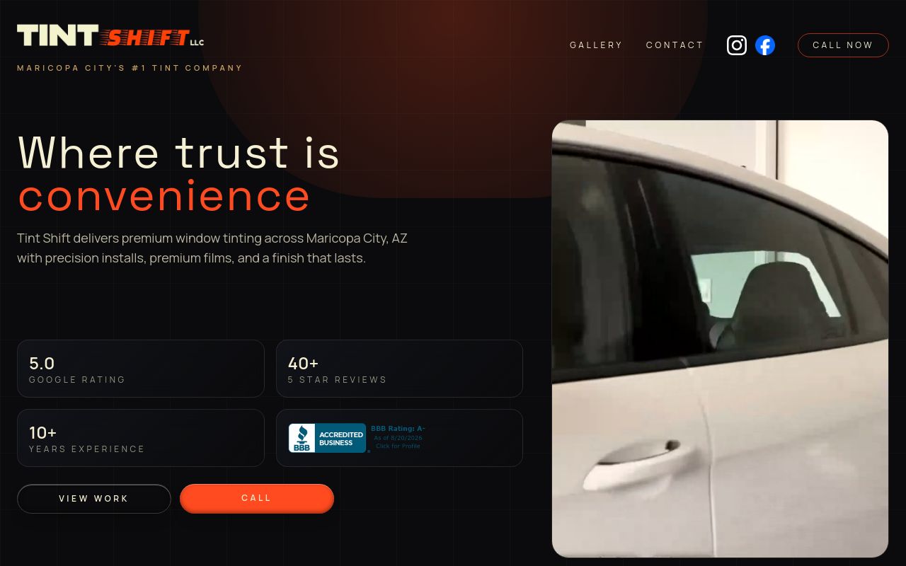 Homepage of Tint Shift's website