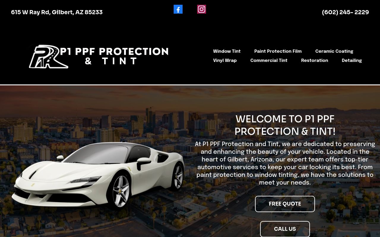 Homepage of P1 PPF Protection and Tint's website