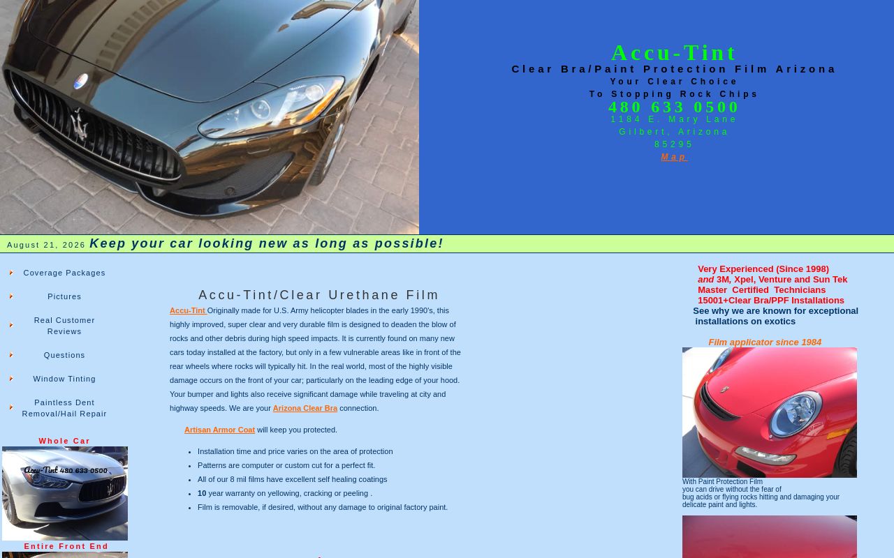Homepage of Accu-Tint Clear Bra/Paint Protection Film/PPF's website