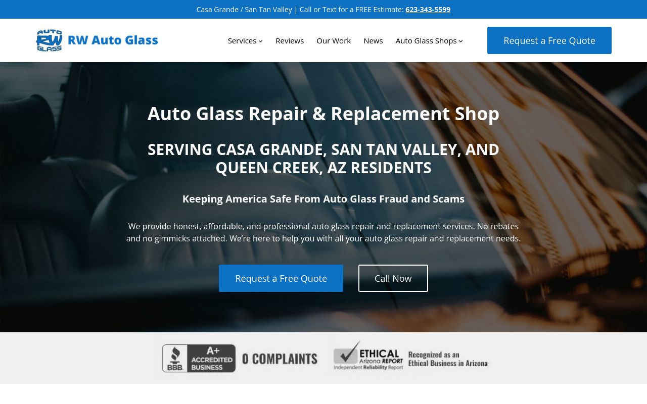 Homepage of RW Auto Glass's website