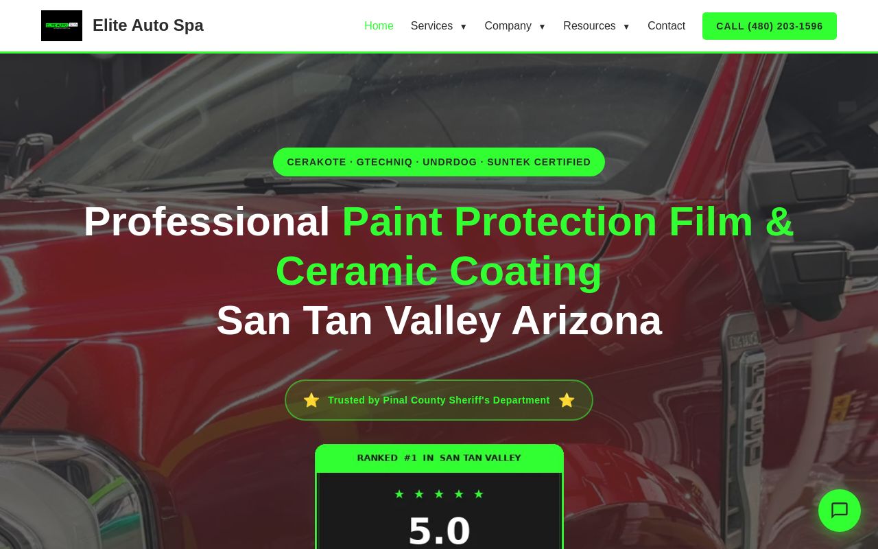 Homepage of Elite Auto Spa- Ceramic Coatings-PPF's website
