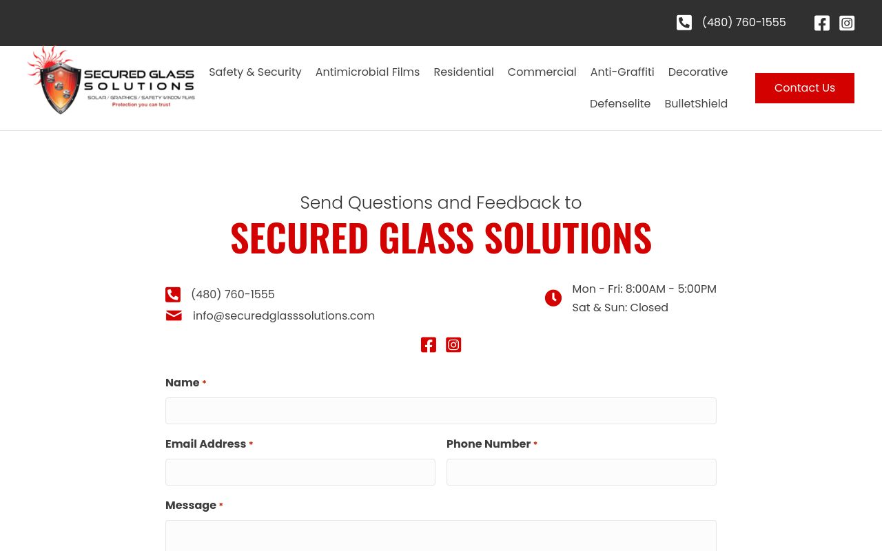 Homepage of Secured Glass Solutions's website