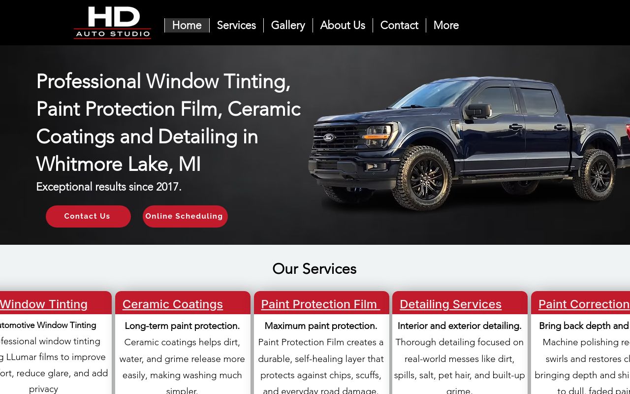 Homepage of HD Automotive Detailing | HD Window Tinting's website