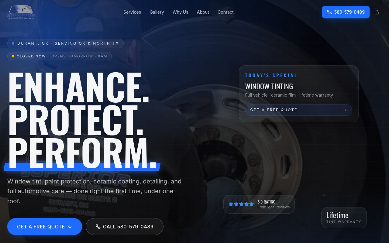 Homepage of Superior Window Tinting & Detail LLC's website