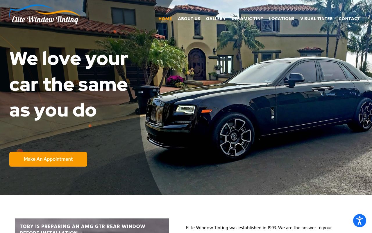 Homepage of Elite Window Tinting's website